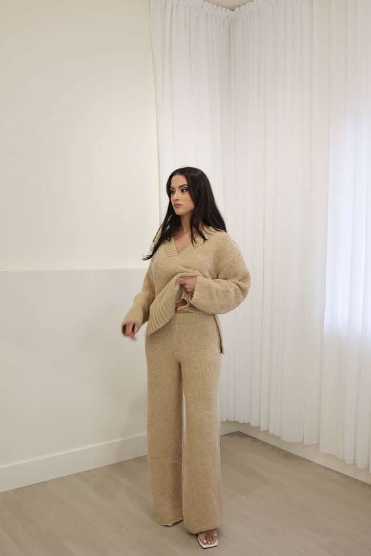 Mink knit wide-leg pant with ribbed waistband, floor-length relaxed fit