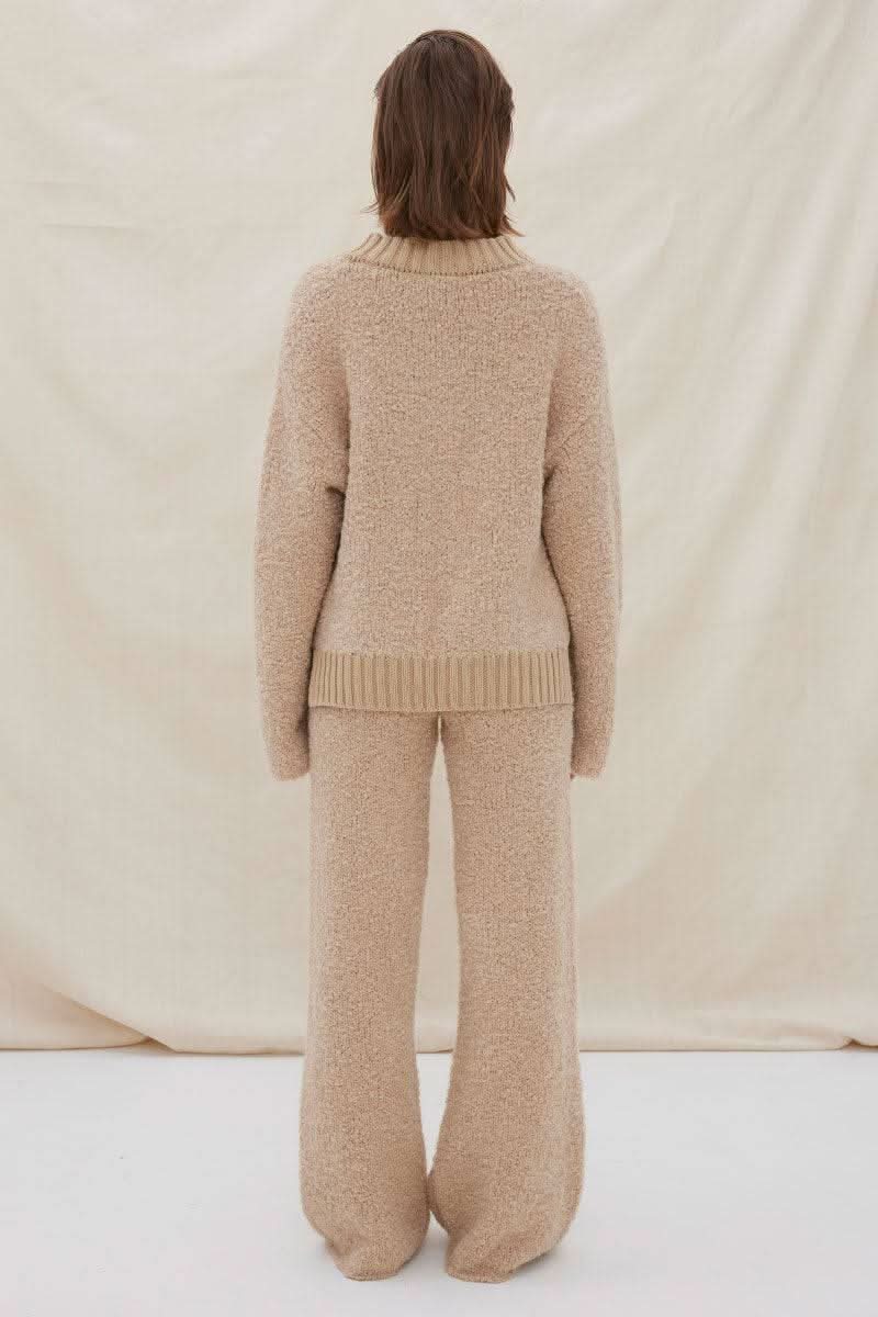 Mink knit sweater and wide-leg pants set, back view with ribbed waistband