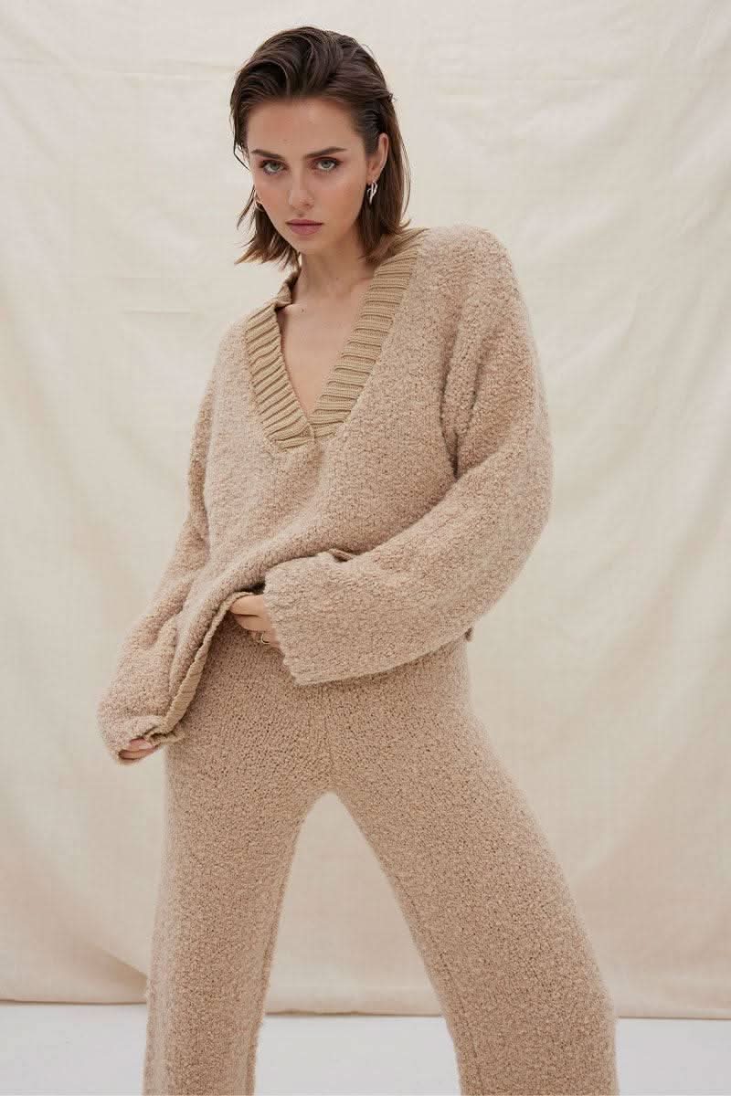Mink V-neck knit sweater and matching pants, dropped shoulder long sleeves