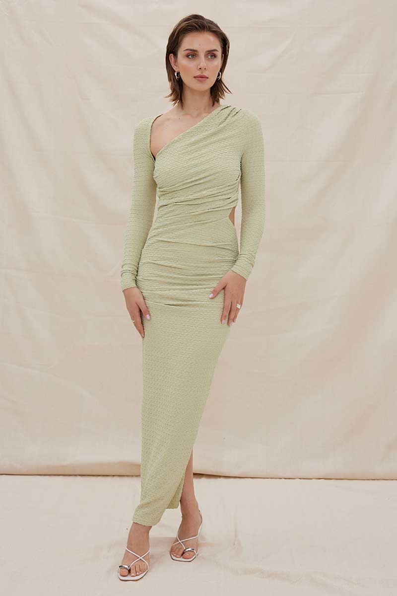 Eclipse dress in artichoke green, one-shoulder ruched fitted maxi with front slit