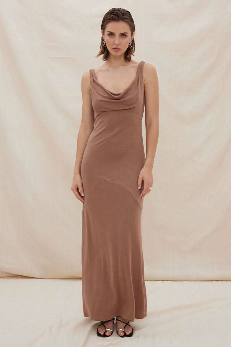 Mink sleeveless maxi dress with draped cowl neckline