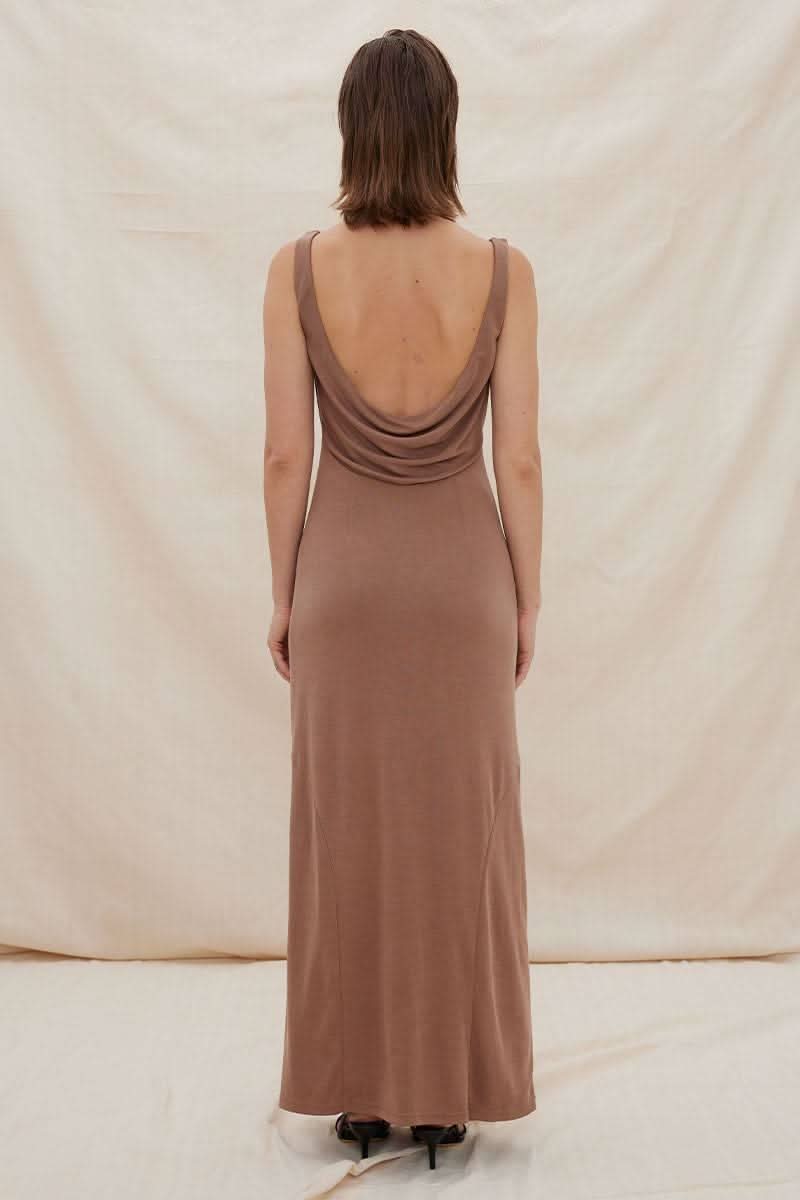 Mink sleeveless maxi dress, open-back draped cowl detail