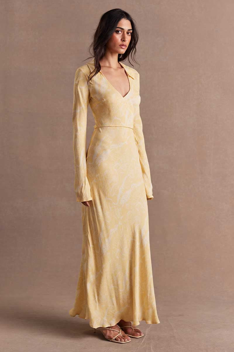 Butter V-neck maxi dress with long sleeves and draped waist tie