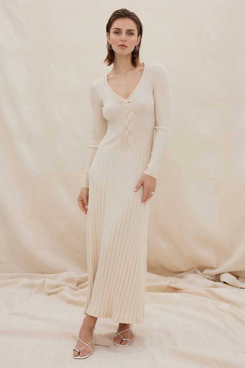 Natural ribbed long-sleeve midi dress with V-neck and lace-up front