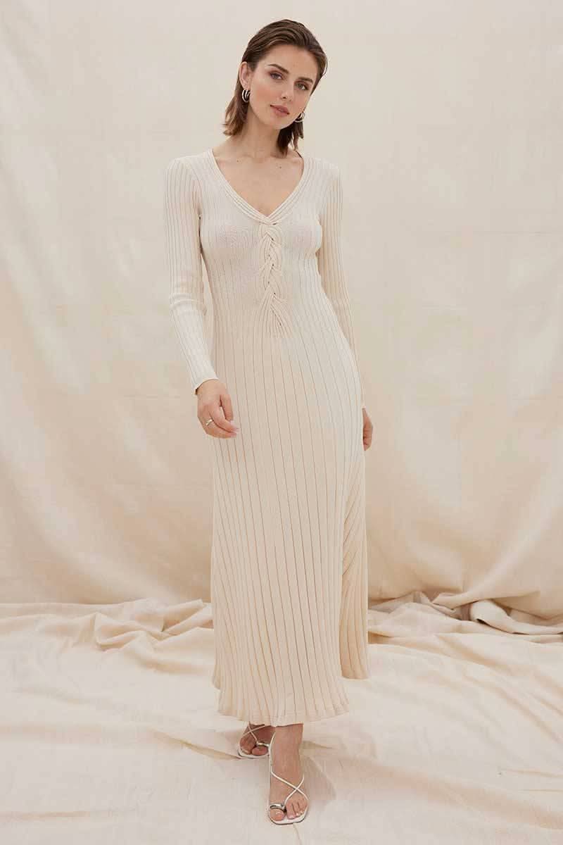 Natural ribbed long-sleeve midi dress with V-neck and lace-up bodice, front view