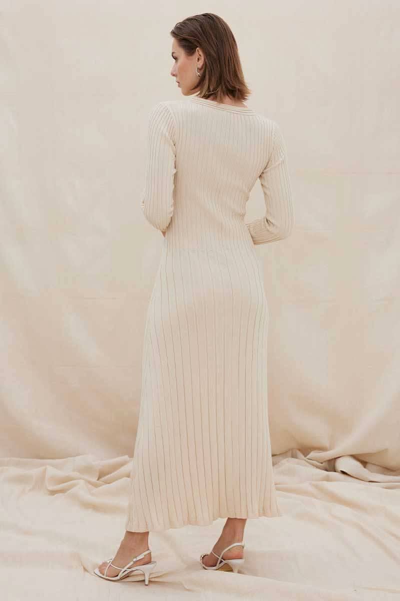 Natural ribbed long-sleeve midi dress with V-neck, lace-up front, back-leaning side