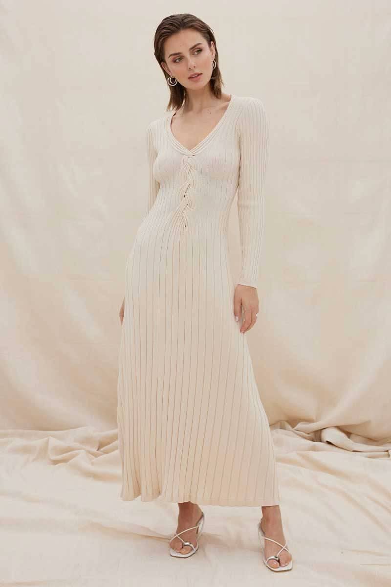 Natural ribbed long-sleeve midi dress with V-neck, lace-up detail, side view