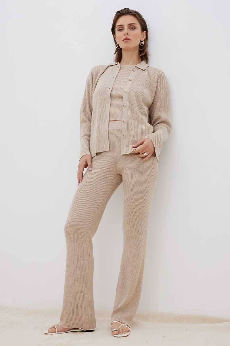 Fawn button-front knit shirt with matching knit pants, long sleeves