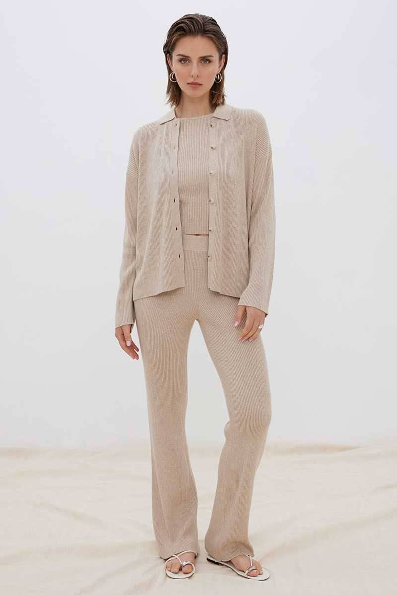Fawn button-front knit shirt with matching knit pants
