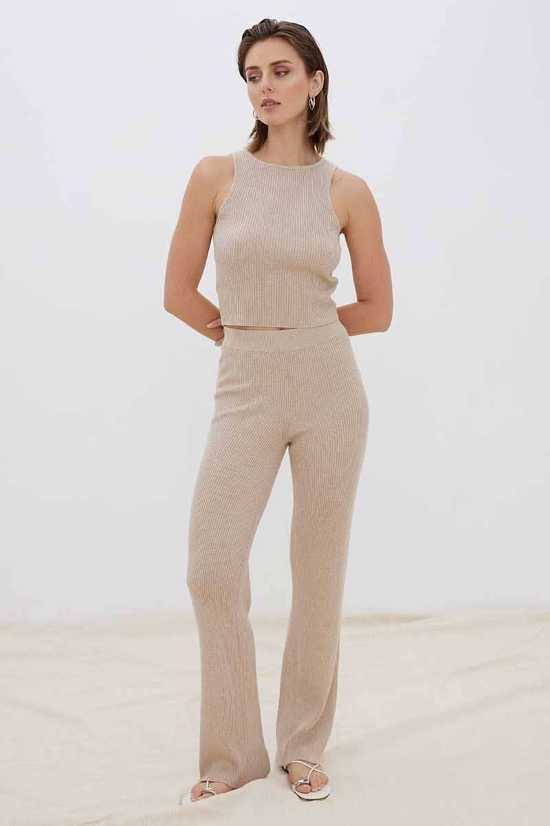 Fawn knit pant with slim fit and slight flare at ankle, ribbed texture
