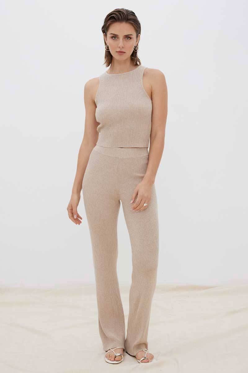 Fawn ribbed knit pant with high rise and slim leg, slightly flared hem