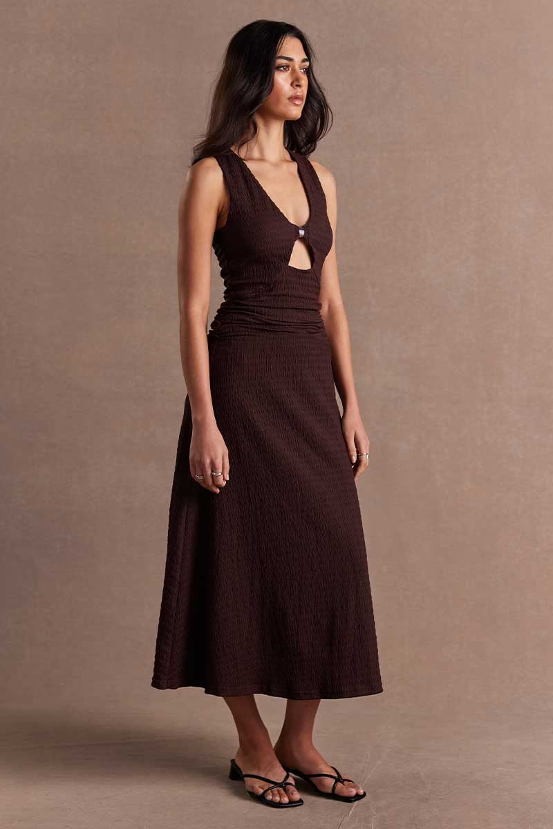 Chocolate sleeveless midi dress with V-neck front, ruched side and flowing A-line skirt