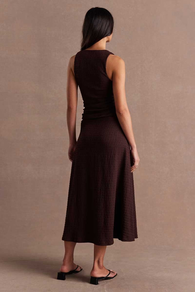 Chocolate sleeveless midi dress, V-back with gathered waist and flared skirt