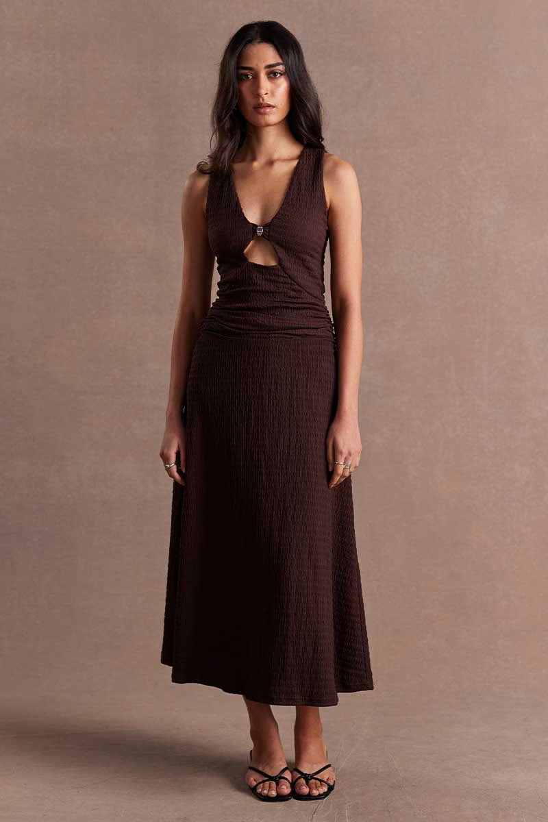 Chocolate sleeveless midi dress, V-neck front and ruched waist with draped skirt