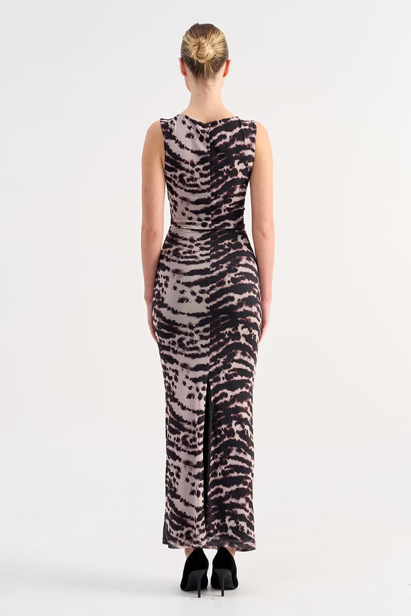 Animal print cowl neck maxi dress, back view with center slit
