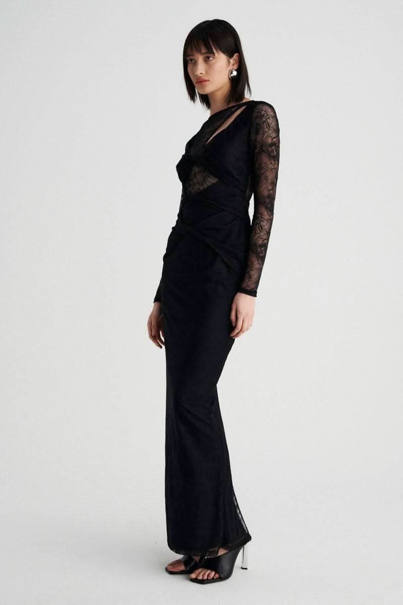 Black lace maxi dress with long sleeves and twist-front drape