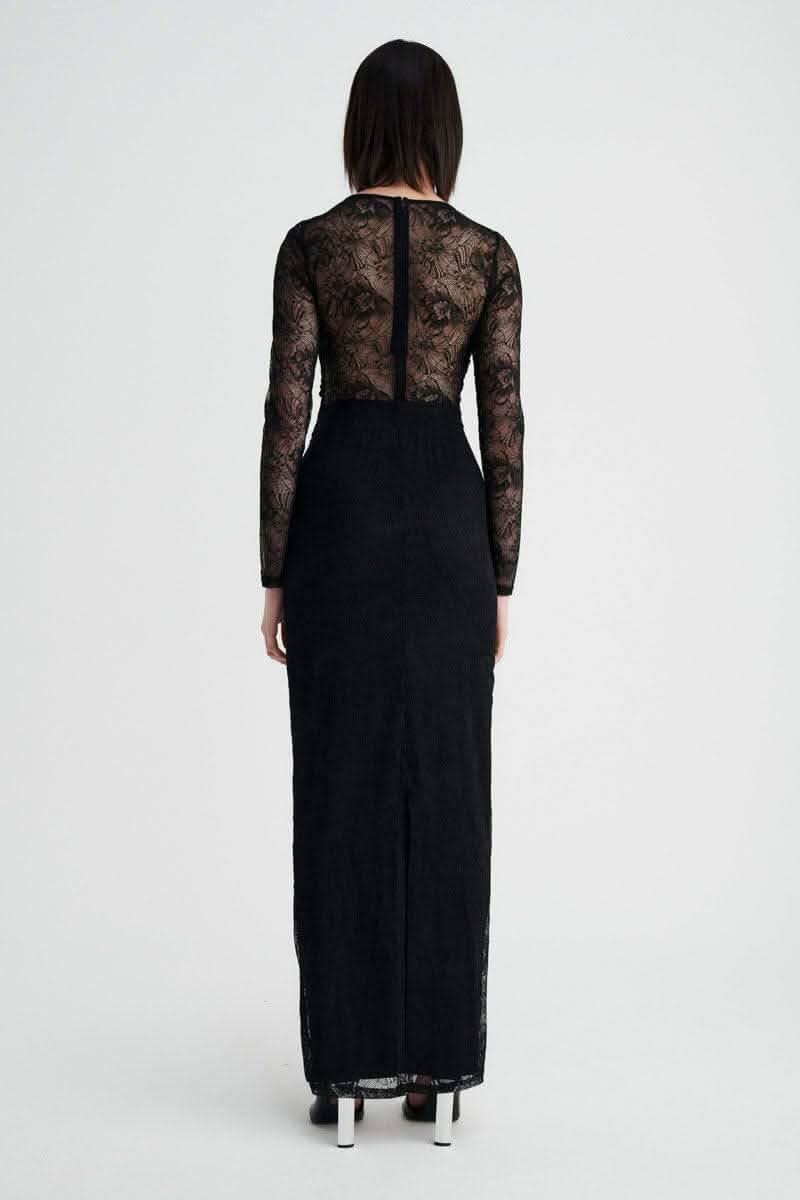 Black lace maxi dress with long sleeves and open-back lace panel