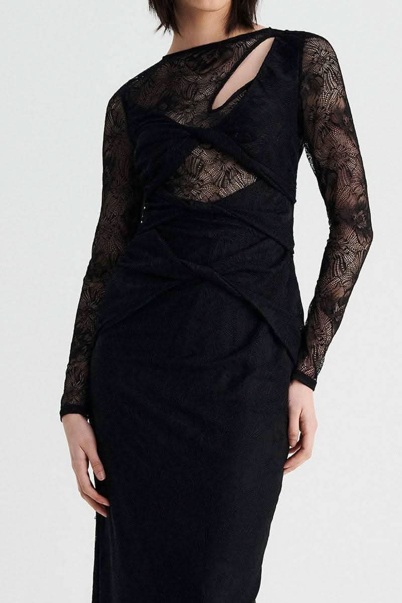 Black lace maxi dress with long sleeves and crisscross twist front