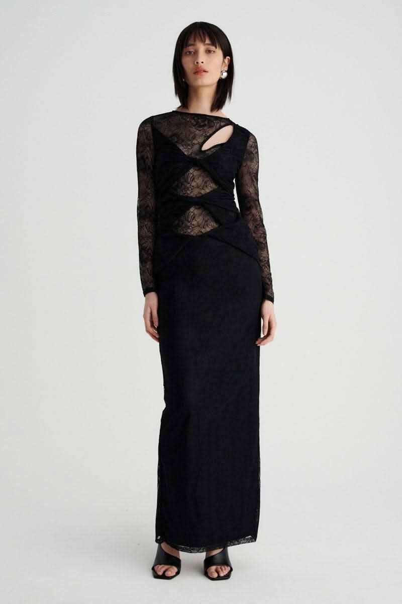 Black lace maxi dress with long sleeves and twist-front detail