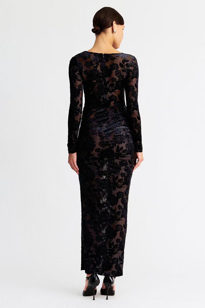 Black long-sleeve ruched maxi dress, all-over floral lace back, center back shape
