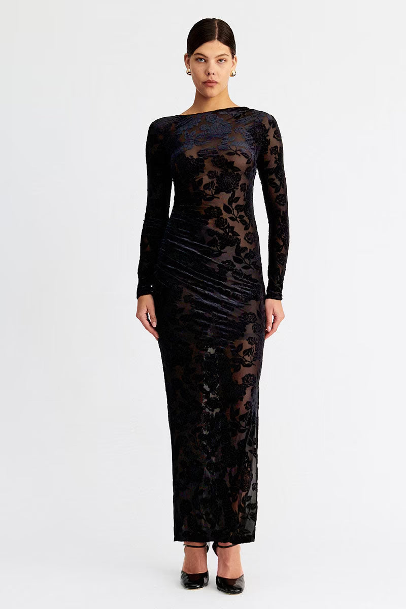 Helena Long Sleeve Ruched Maxi Dress, Black / 6/XS