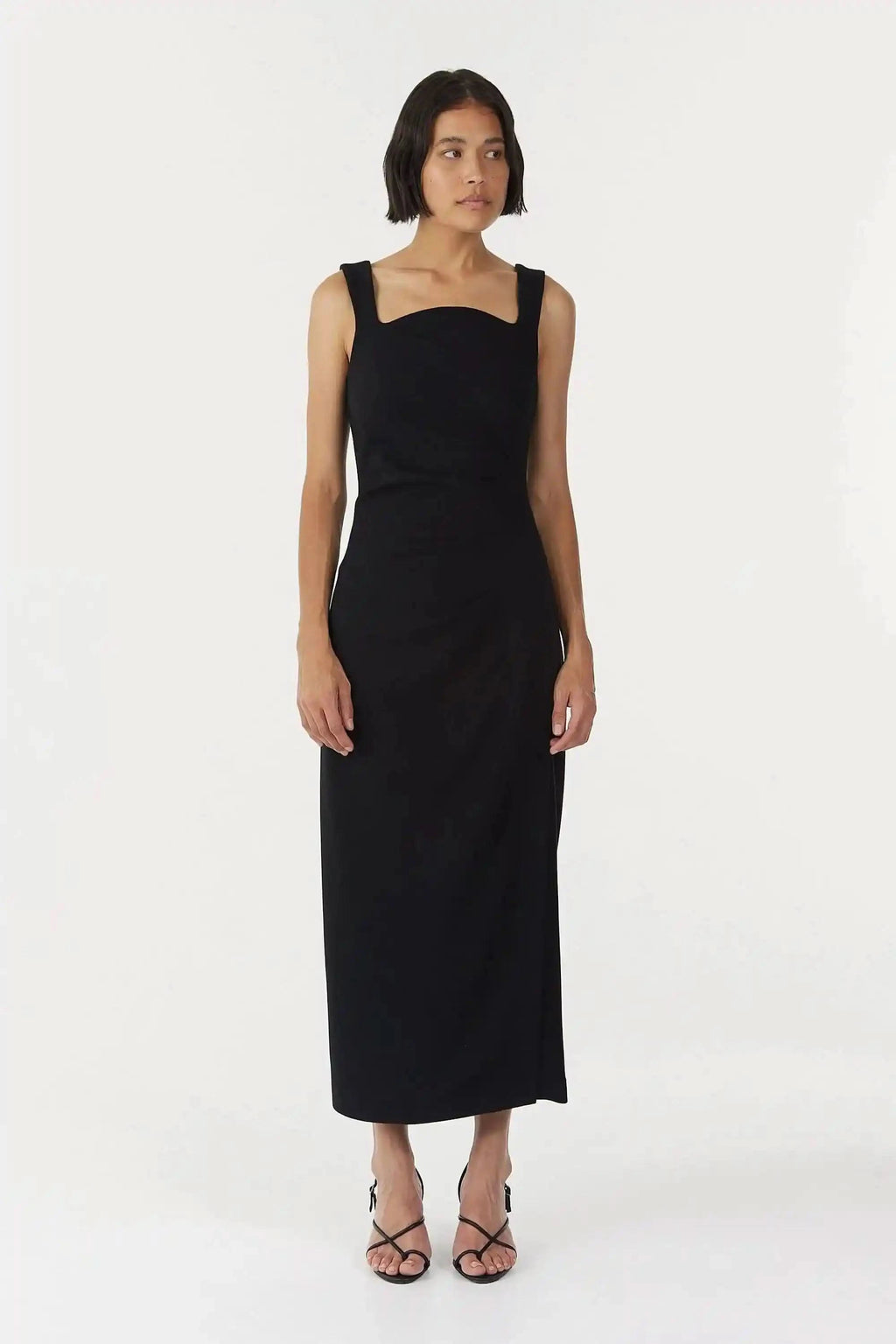 Black sleeveless square-neck midi dress with fitted waist and straight hem