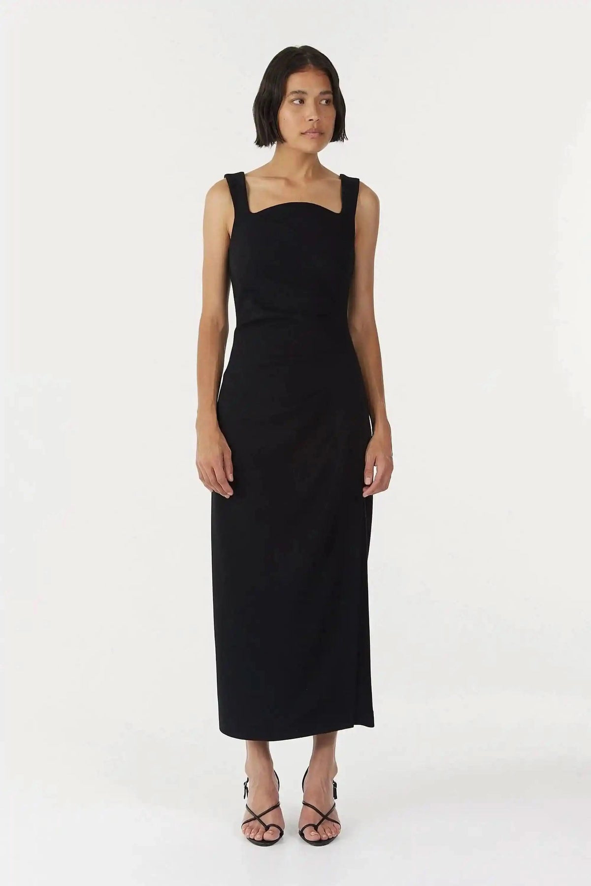 Black sleeveless square-neck midi dress with fitted waist and straight hem