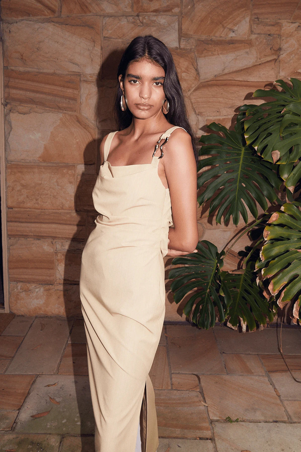 Citrus midi dress with square neckline and thin straps, ruched waist and draped skirt