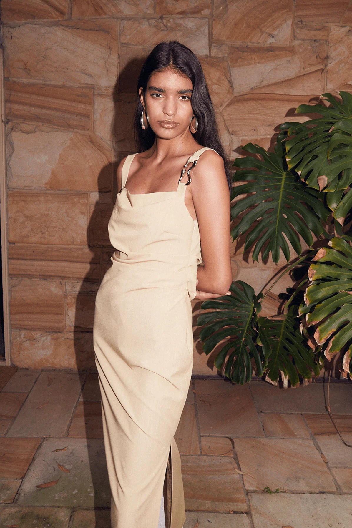 Citrus midi dress with square neckline and thin straps, ruched waist and draped skirt