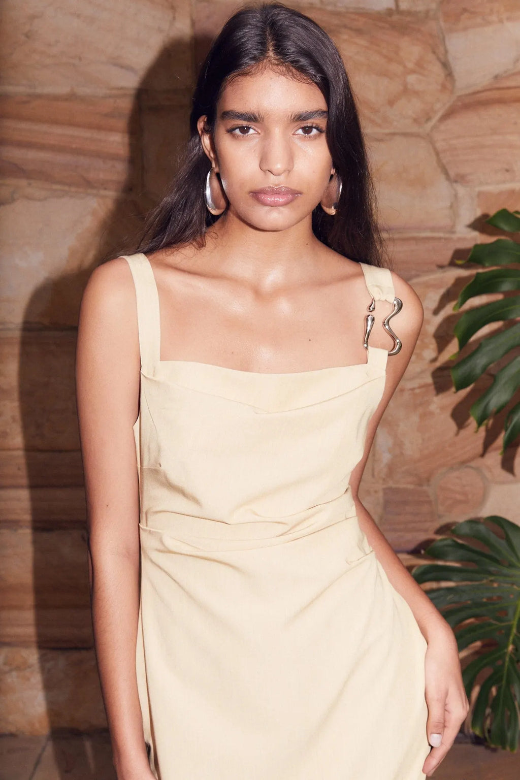 Citrus midi dress with square neckline, thin straps, and draped waist tucks