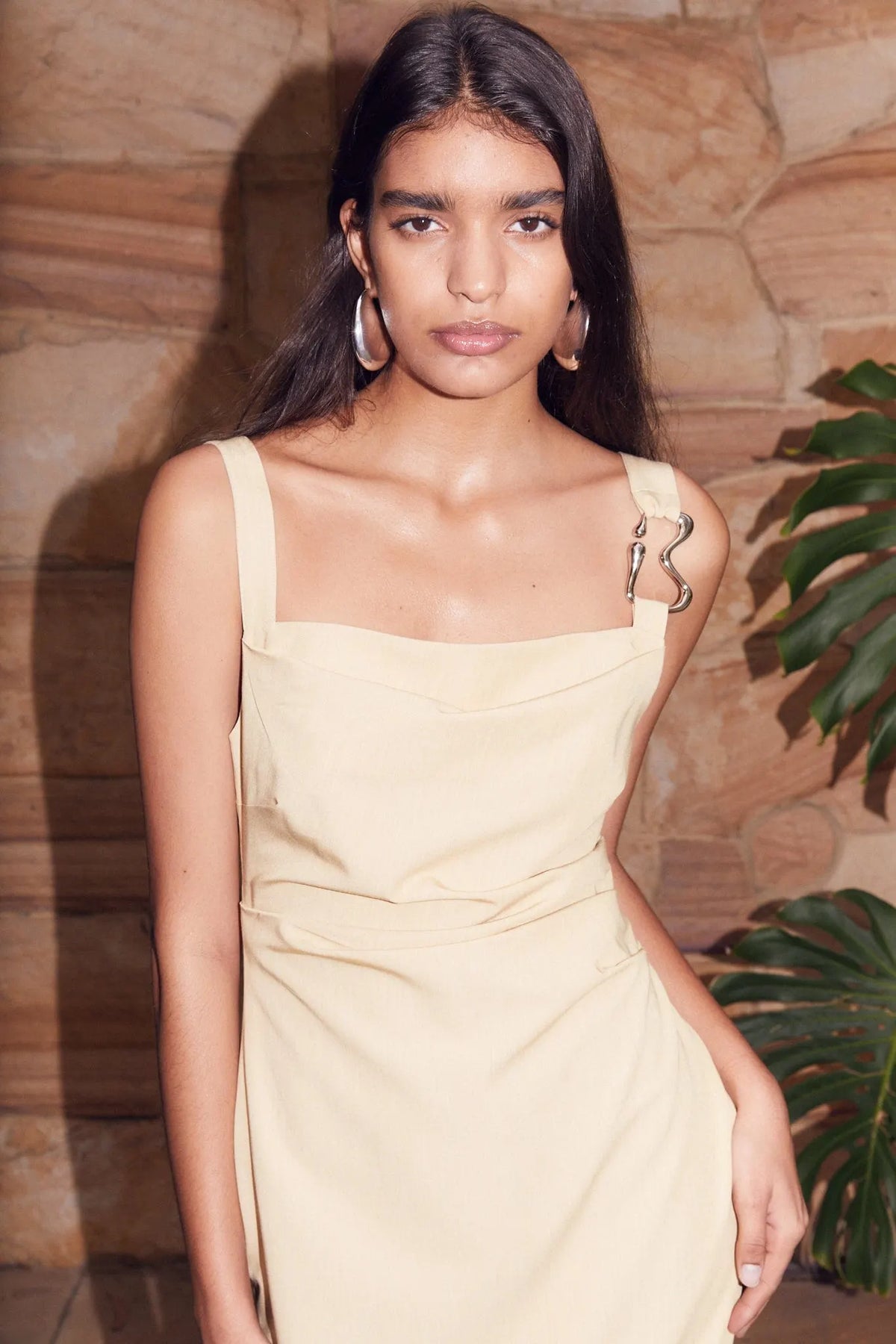 Citrus midi dress with square neckline, thin straps, and draped waist tucks