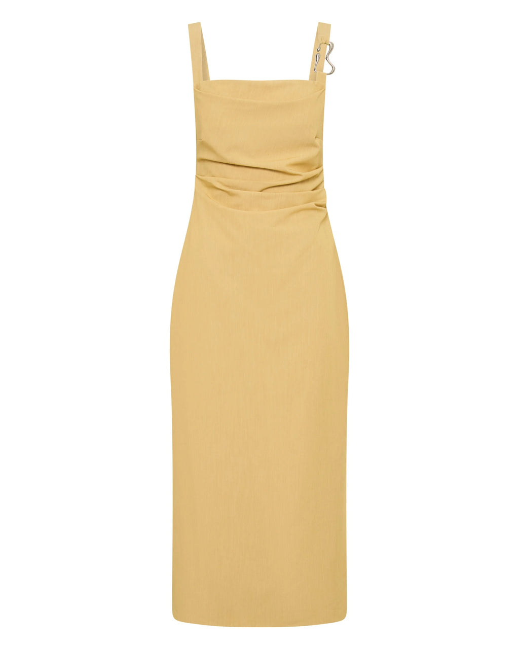 Citrus midi dress flat lay with square neckline, thin straps, and gathered waist