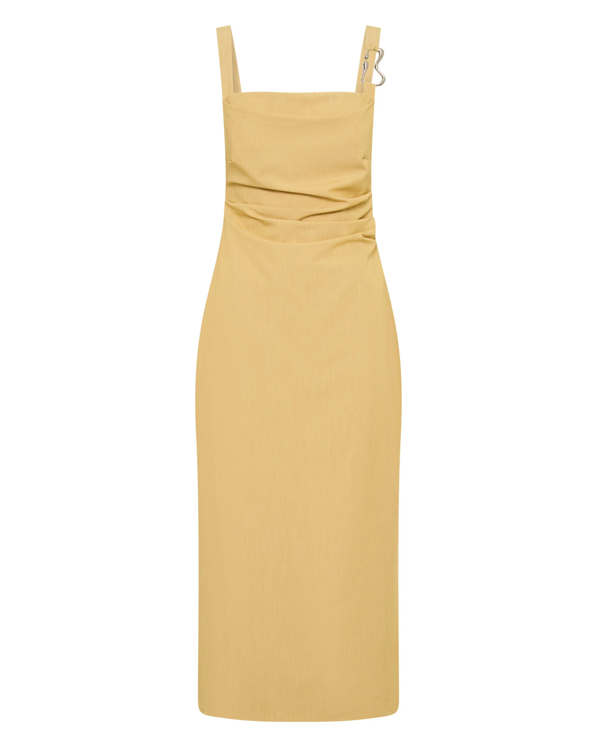 Citrus midi dress flat lay with square neckline, thin straps, and gathered waist
