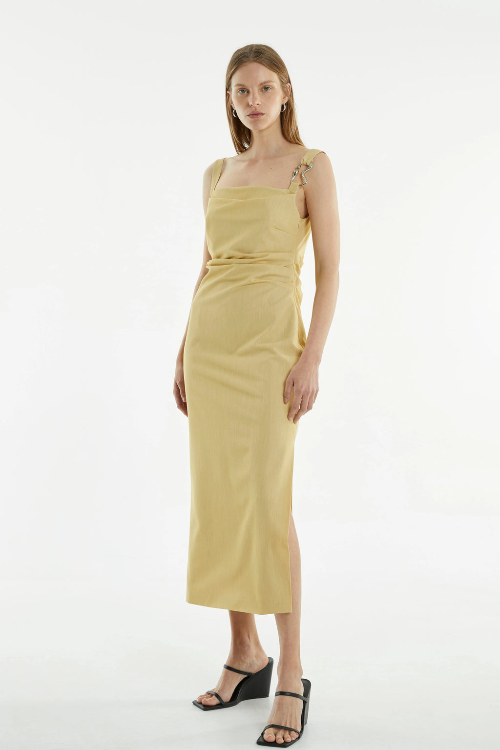 Citrus midi dress with square neckline, gathered bust detail, and thin shoulder straps