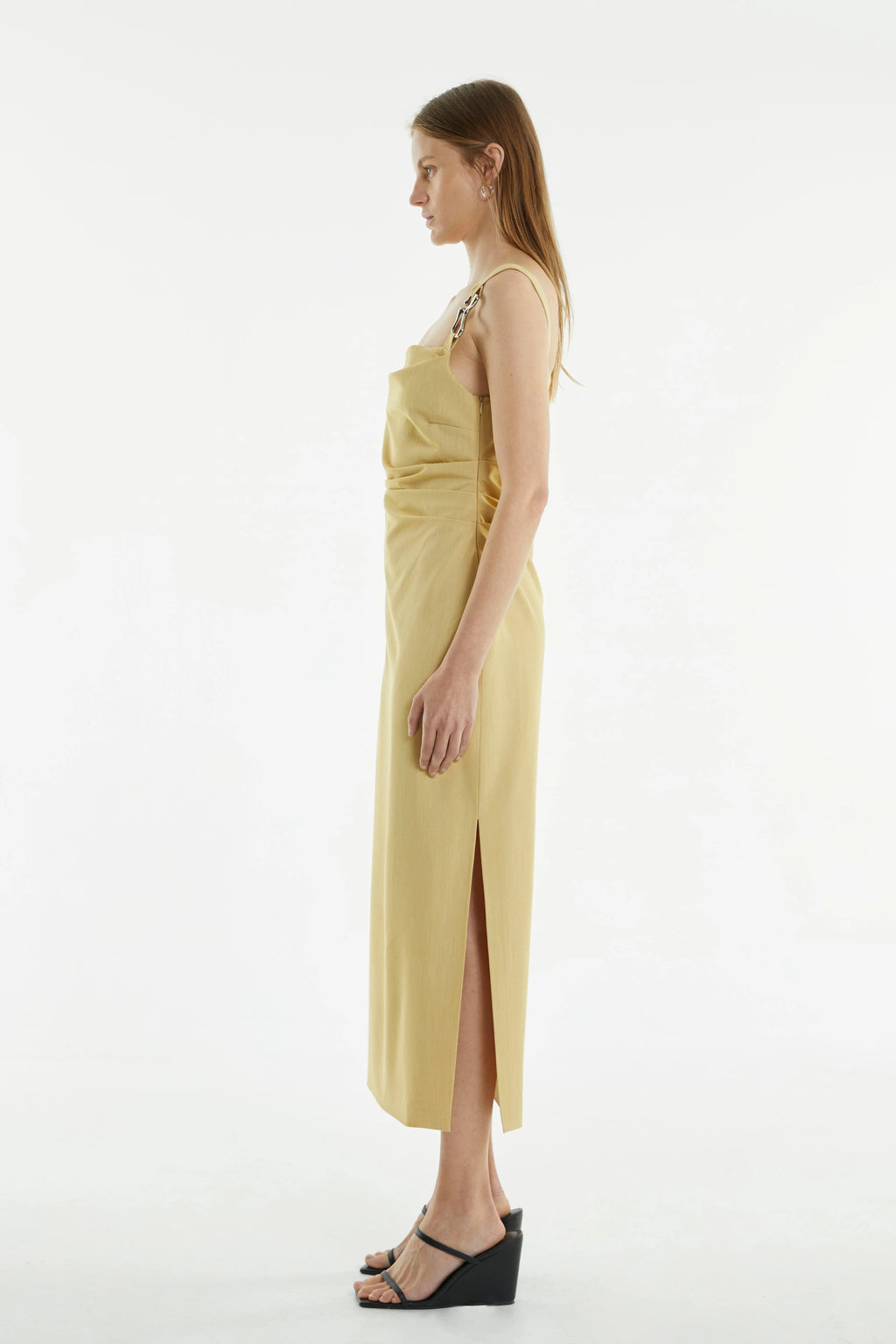 Citrus midi dress with square neckline, gathered straps, and front slit, sleeveless