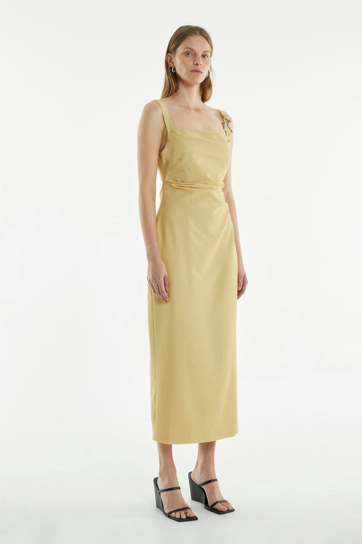 Citrus midi dress with square neckline and thin straps, fitted waist and straight skirt
