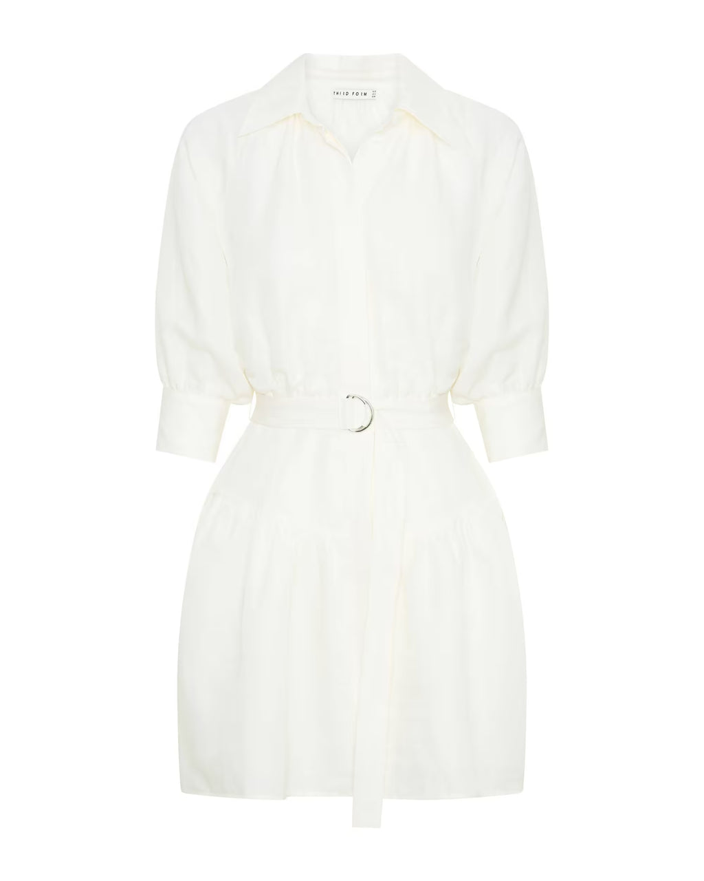 Off-white shirt dress with button front, puff sleeves, and tie waist belt