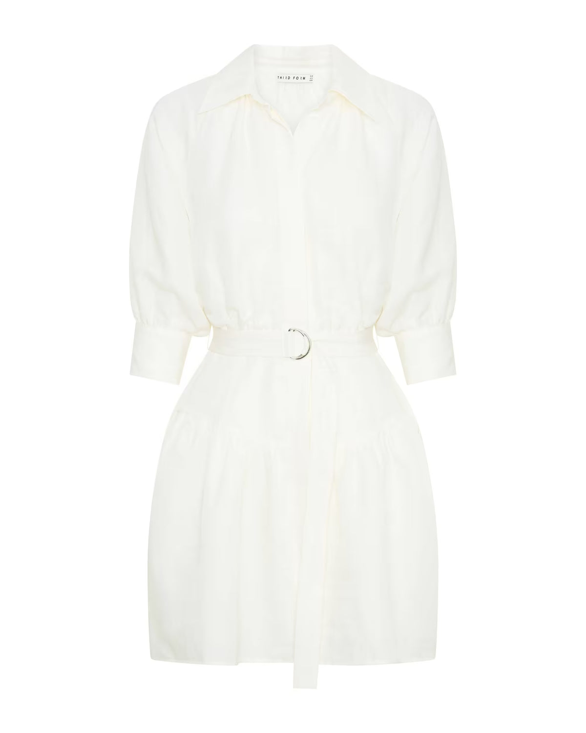 Off-white shirt dress with button front, puff sleeves, and tie waist belt