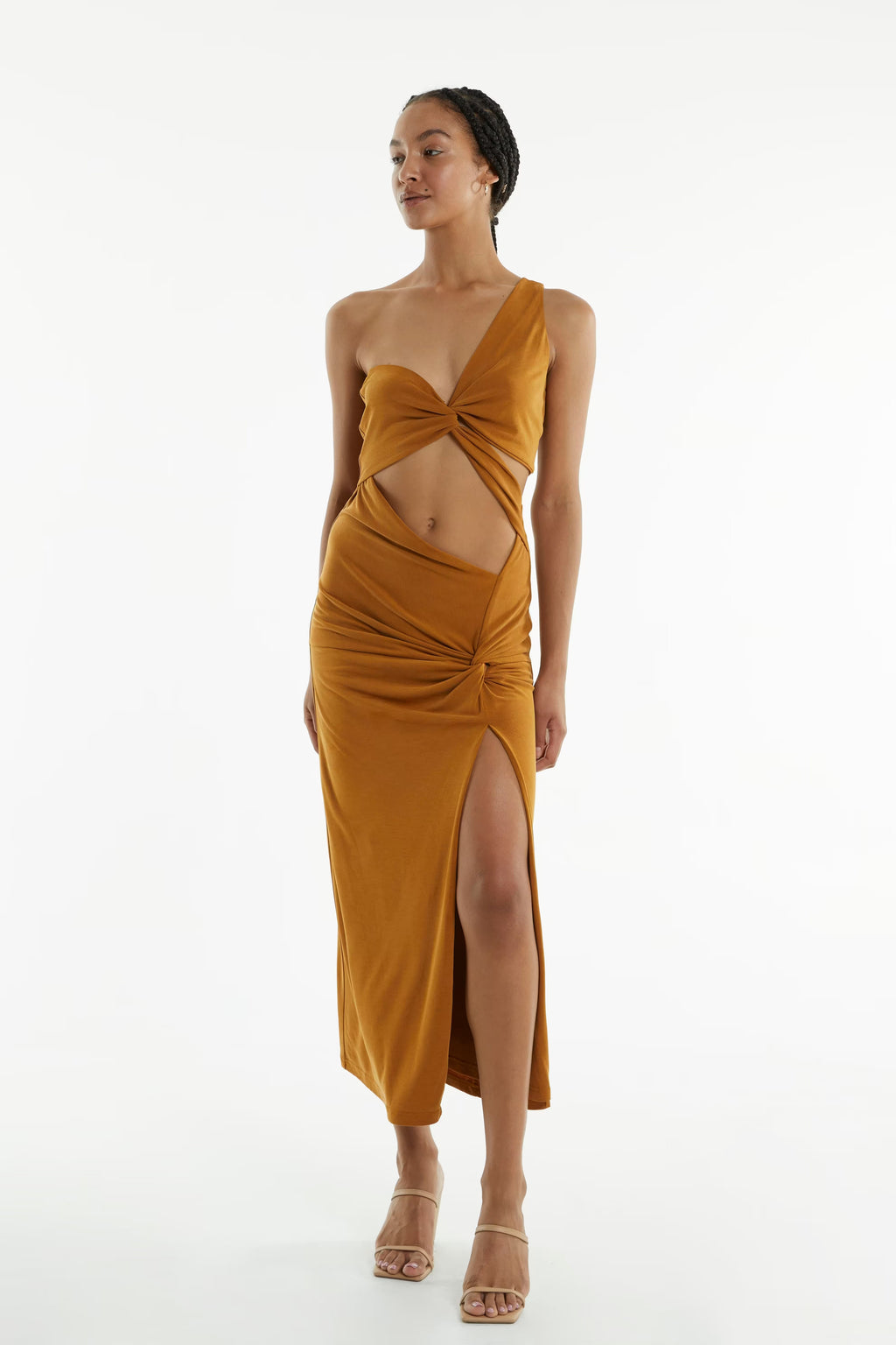 Camel twist-front midi dress with halter straps and side slit
