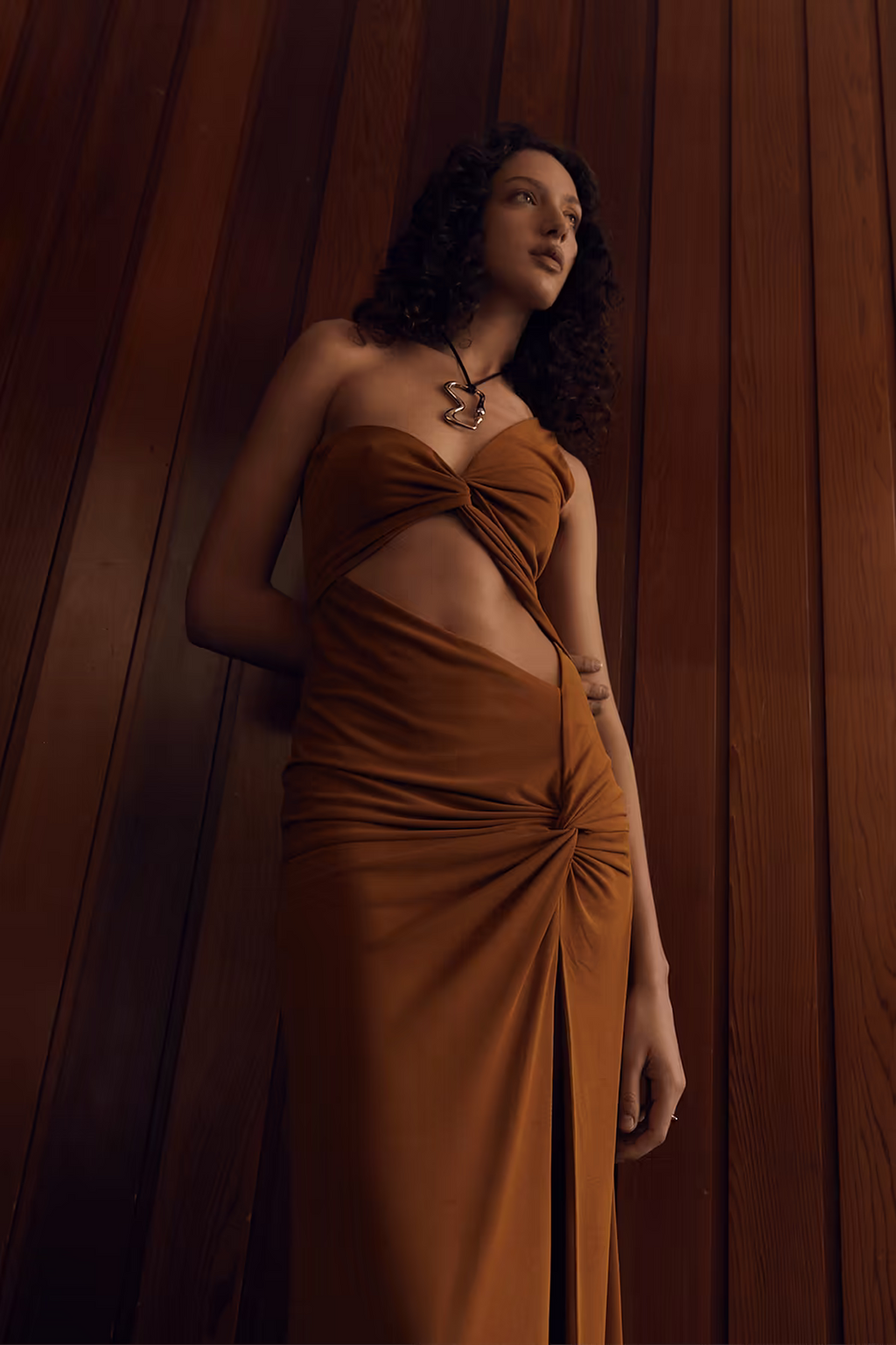 Camel twist-front midi dress with ruched knot at chest and halter straps