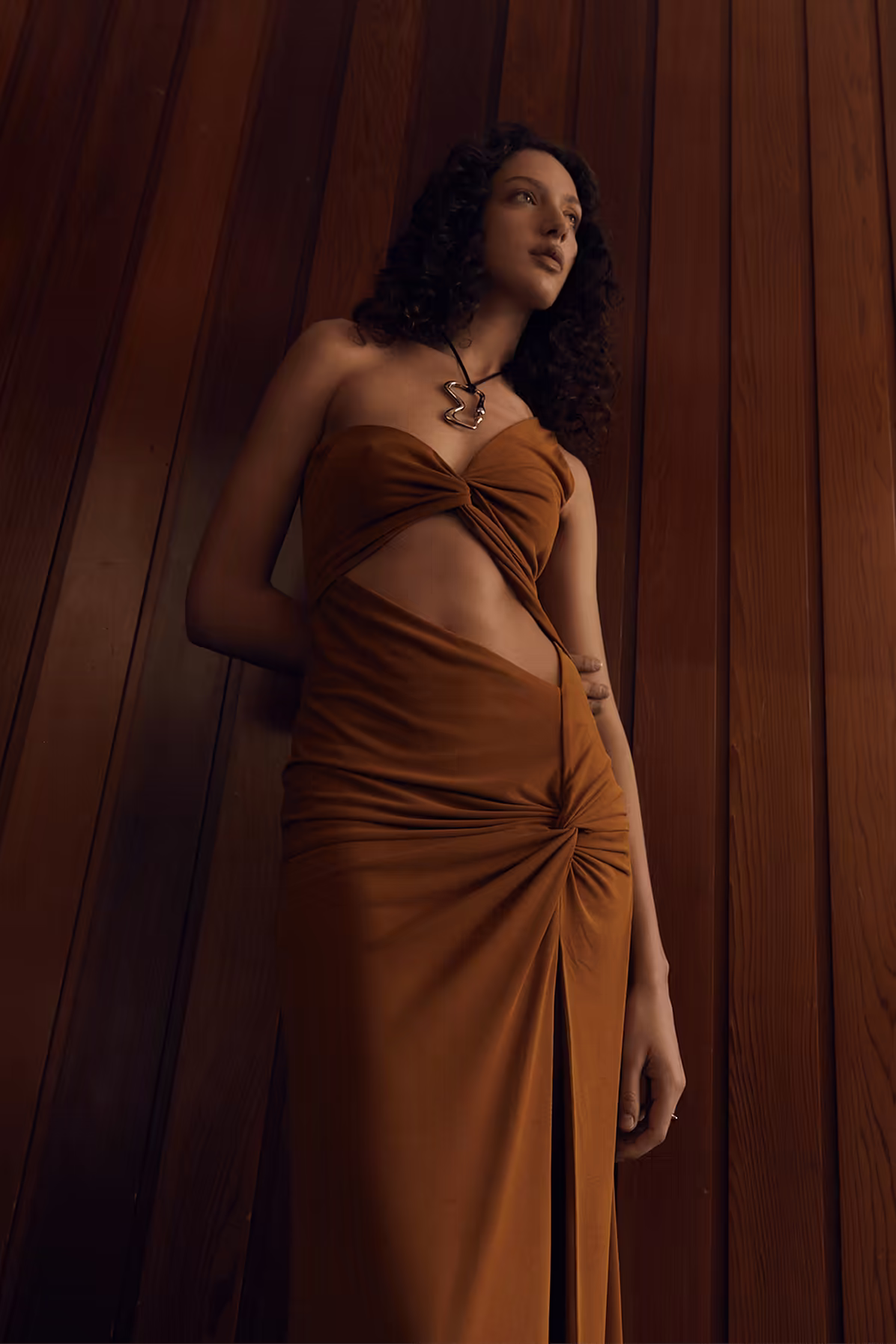 Camel twist-front midi dress with ruched knot at chest and halter straps