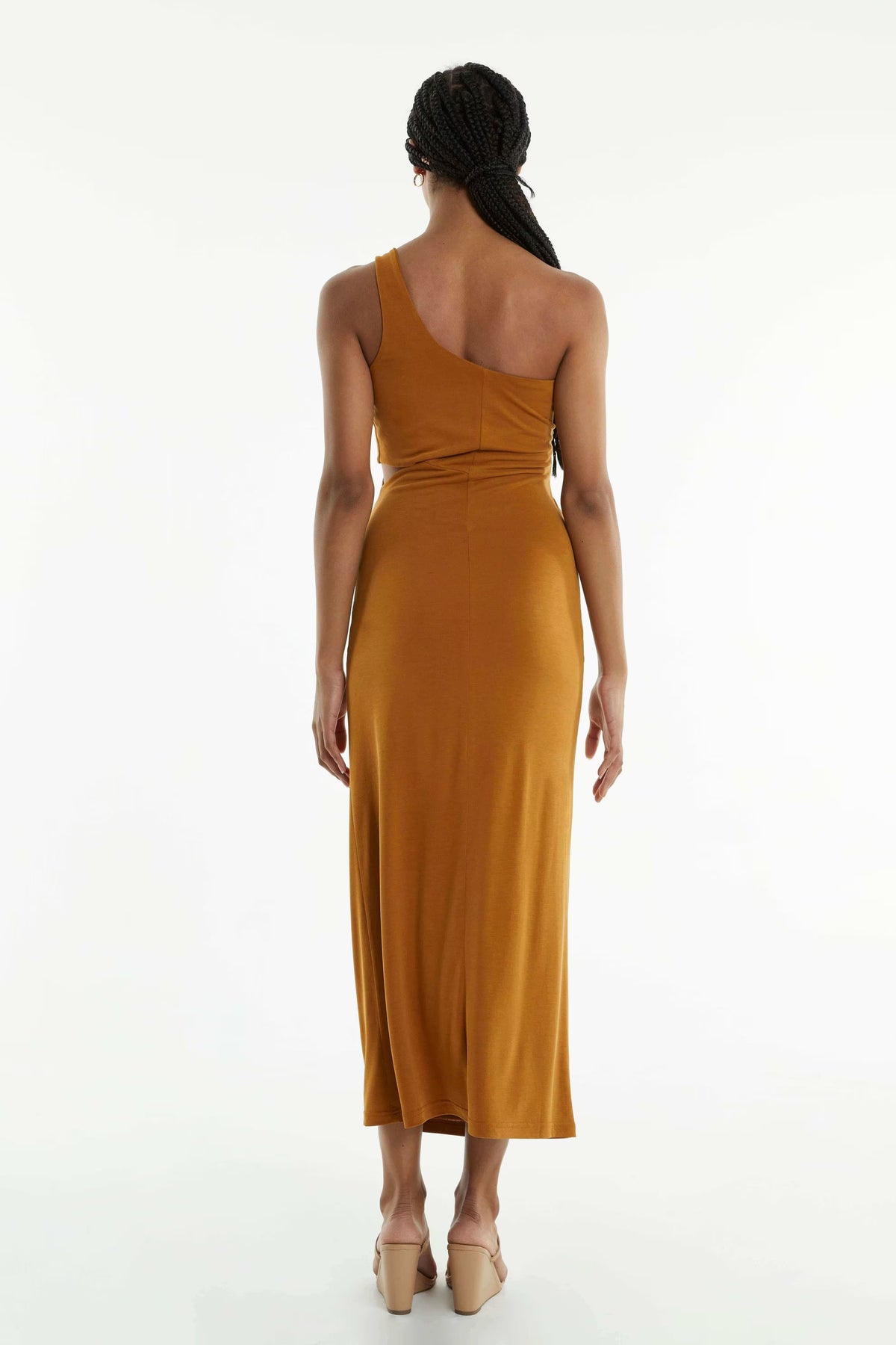 Camel twist-front midi dress back view with halter straps and long silhouette