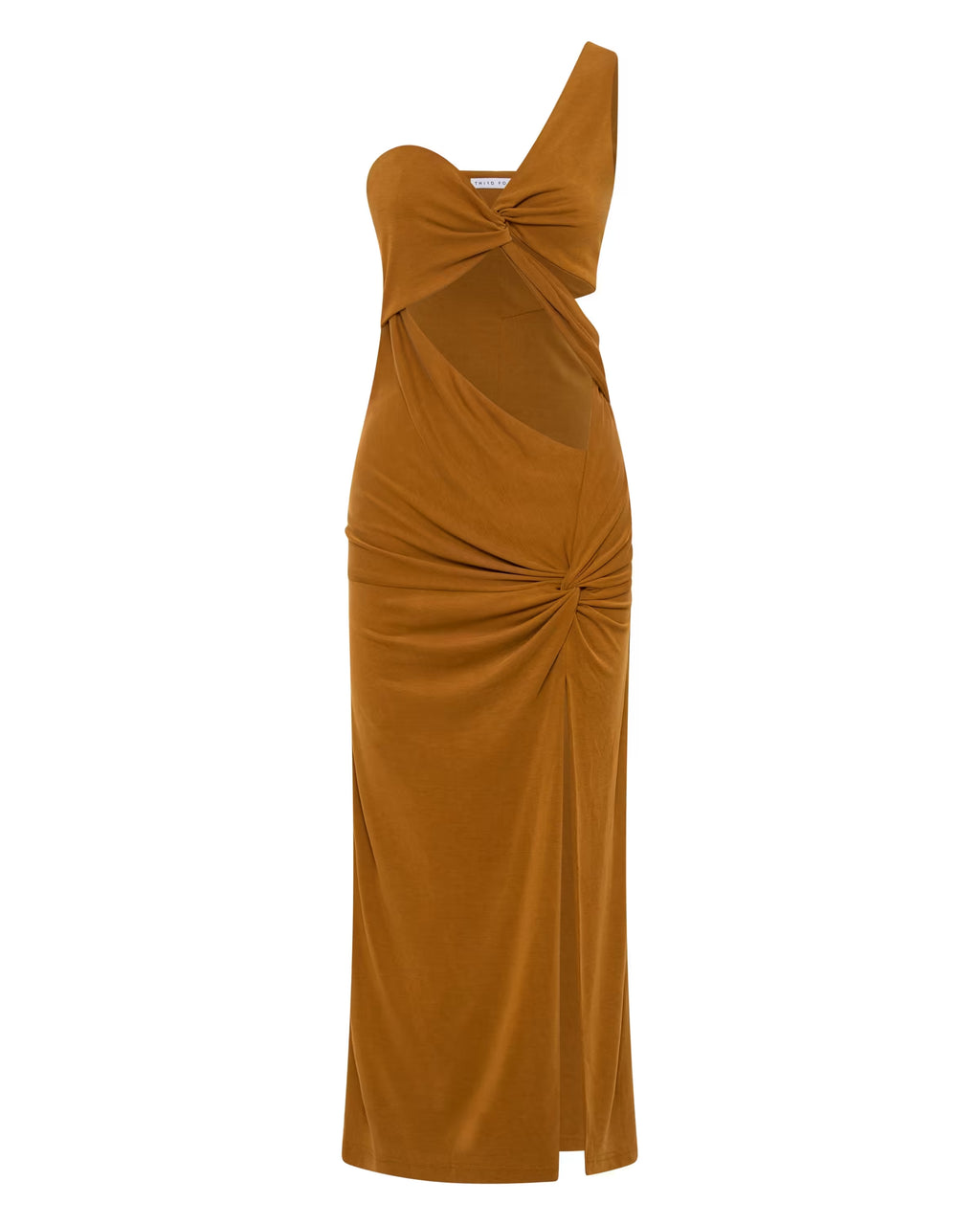 Camel twist-front midi dress flat lay with halter neckline and side slit