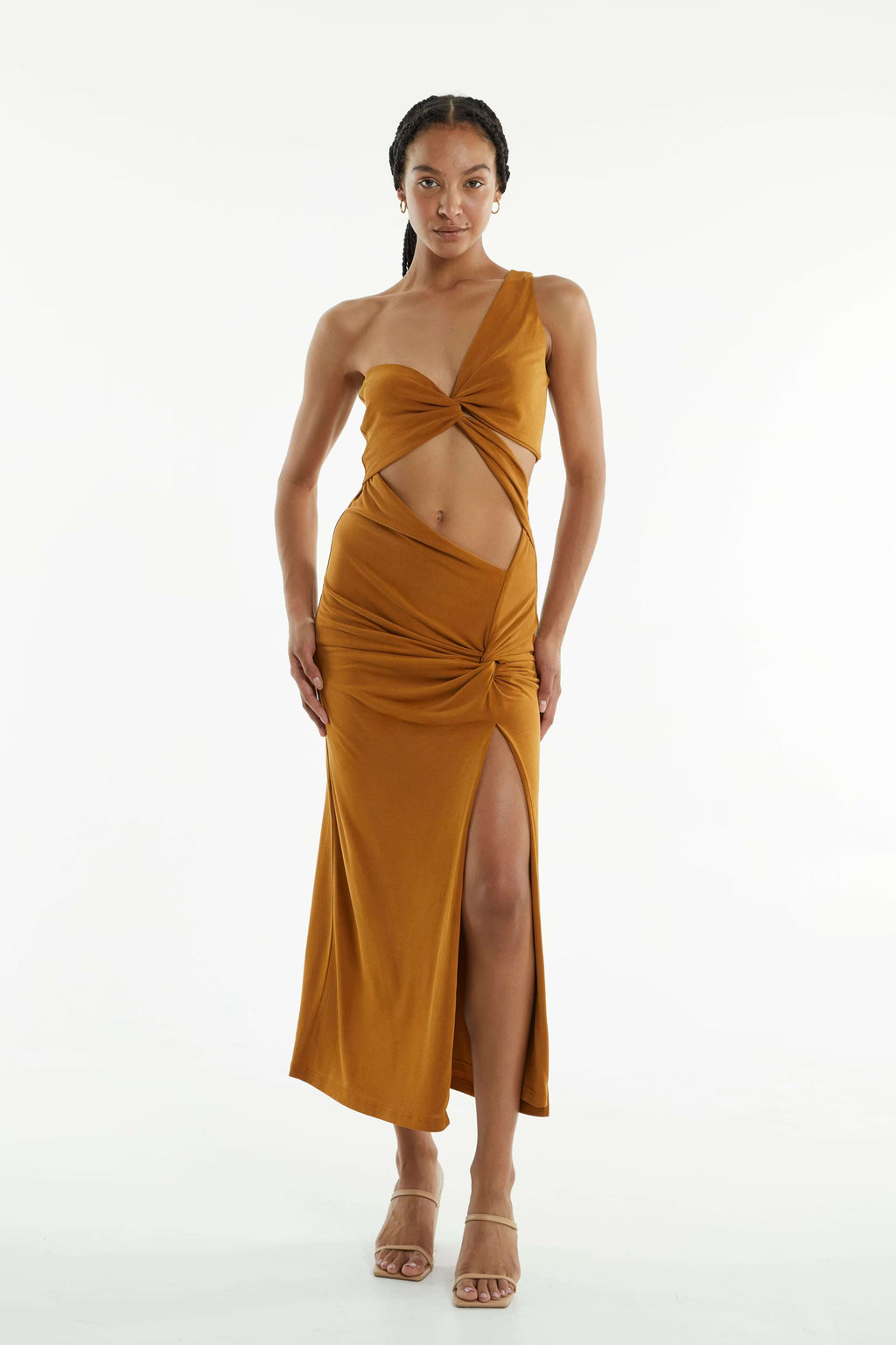 Camel twist-front midi dress with halter neckline and side slit