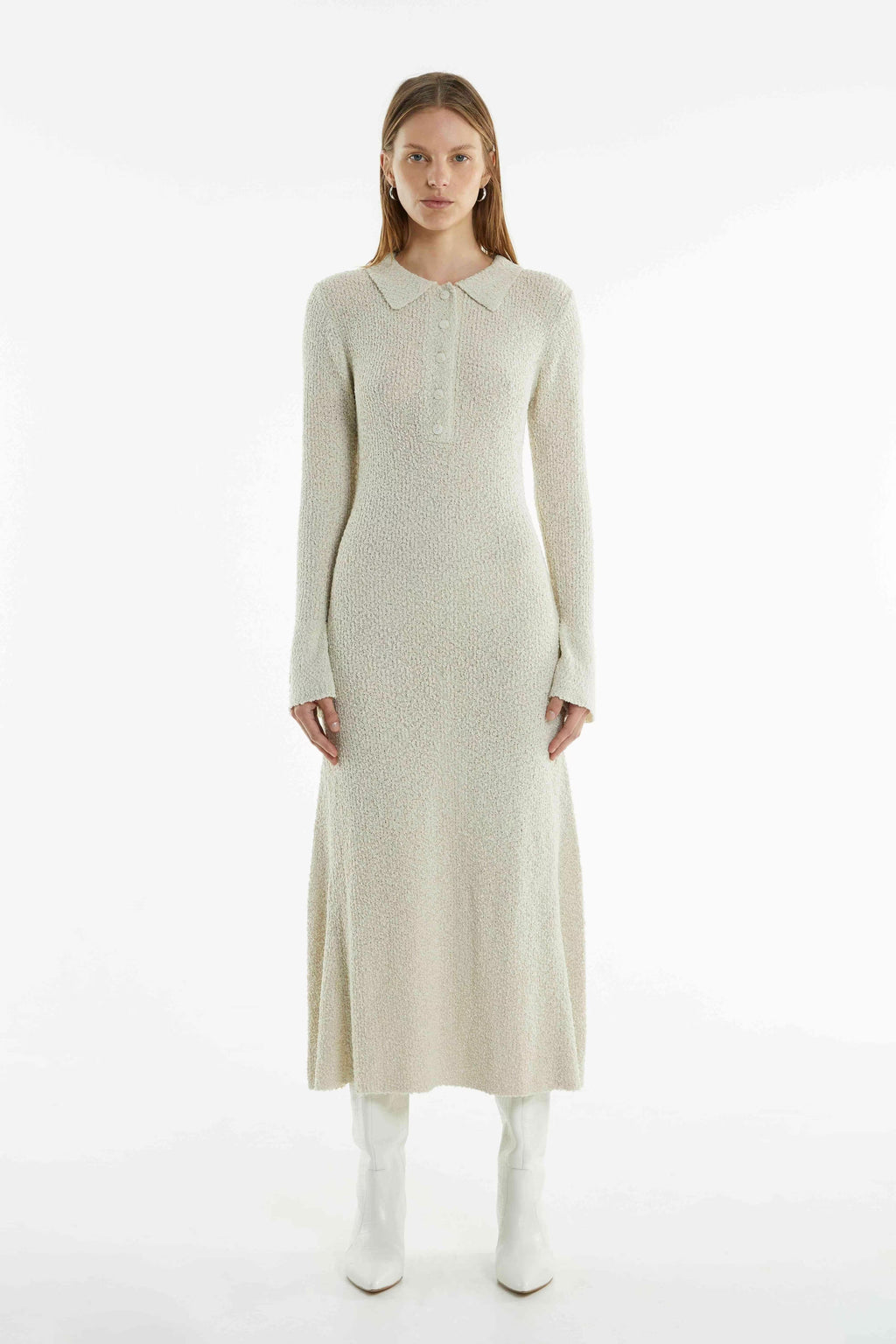 Cream long-sleeve knit shirt dress with collar and button placket, midi length