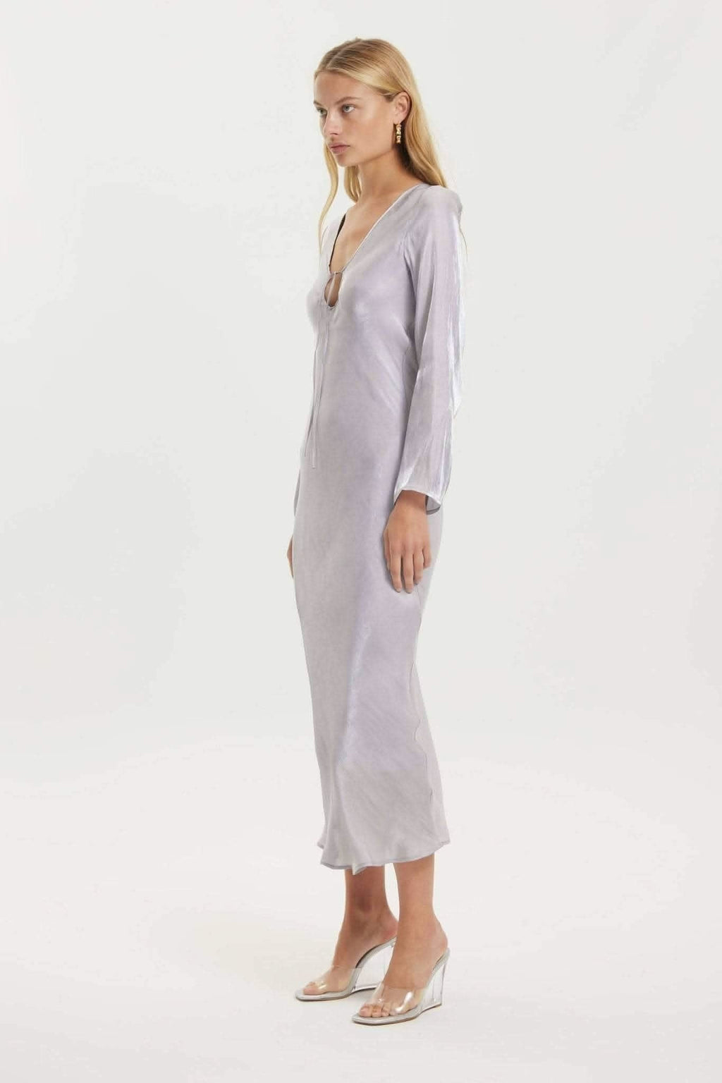 Lavender tie-up maxi dress, side view with long sleeves and center seam
