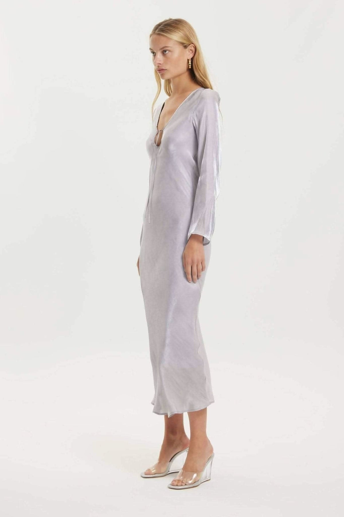 Lavender tie-up maxi dress, side view with long sleeves and center seam