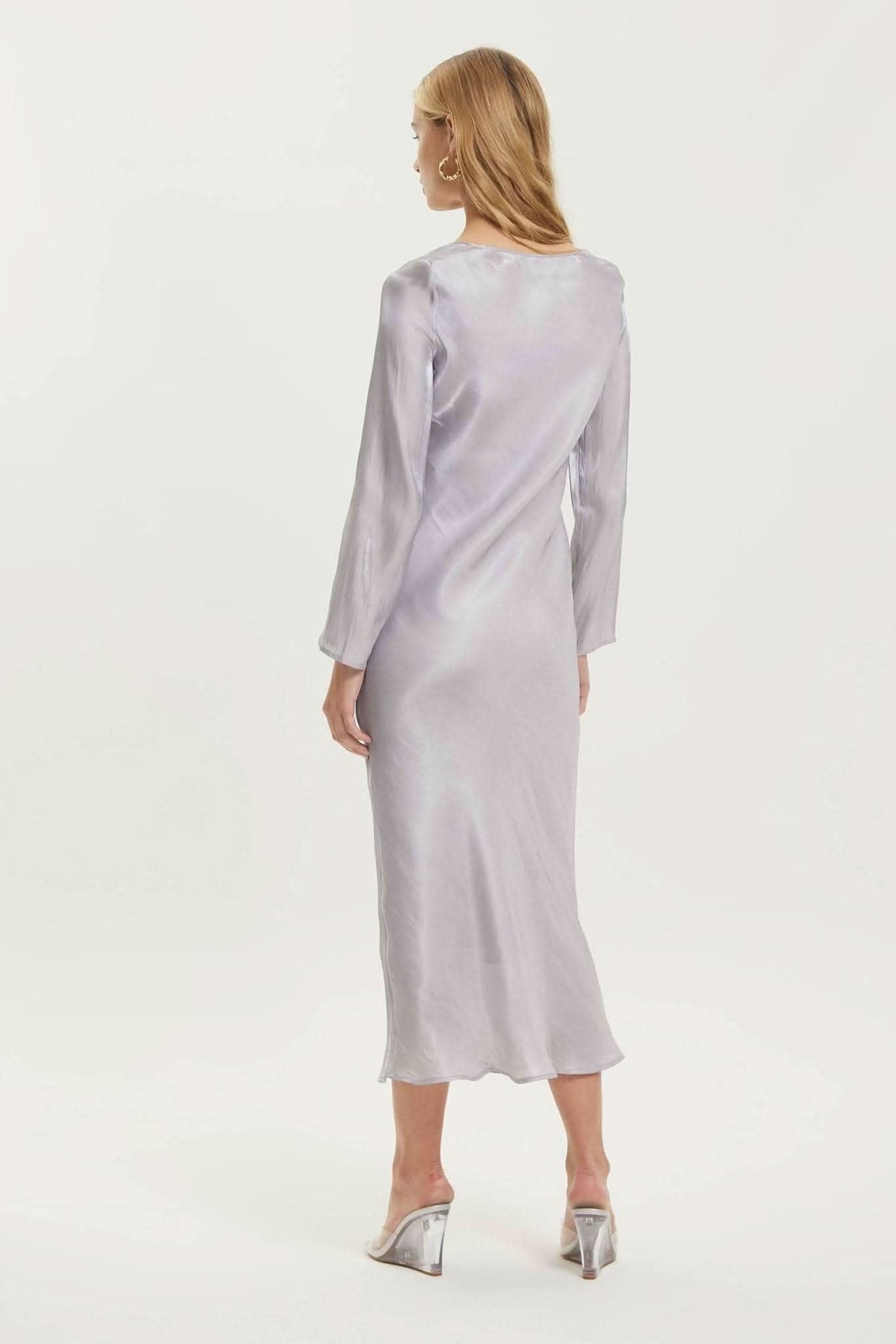 Lavender tie-up maxi dress, back view with long sleeves and mid-calf hem