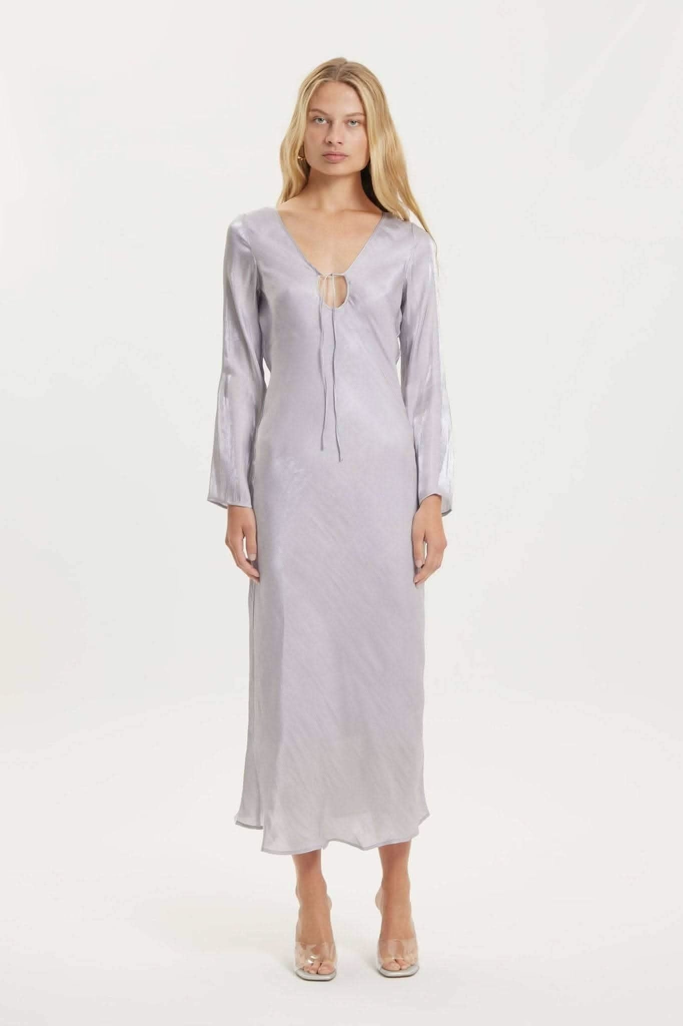 Lavender tie-up maxi dress with V-neck and tassel drawcord, long sleeves