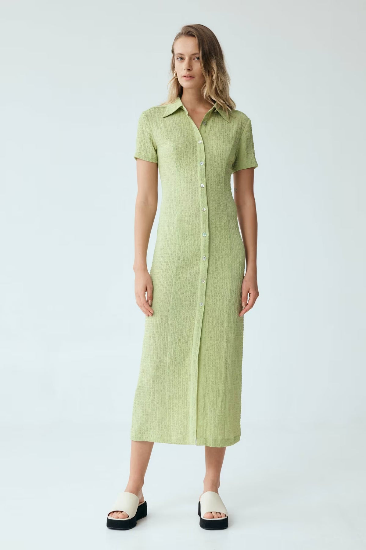 Mint waffle midi shirt dress with short sleeves, button front, and pointed collar